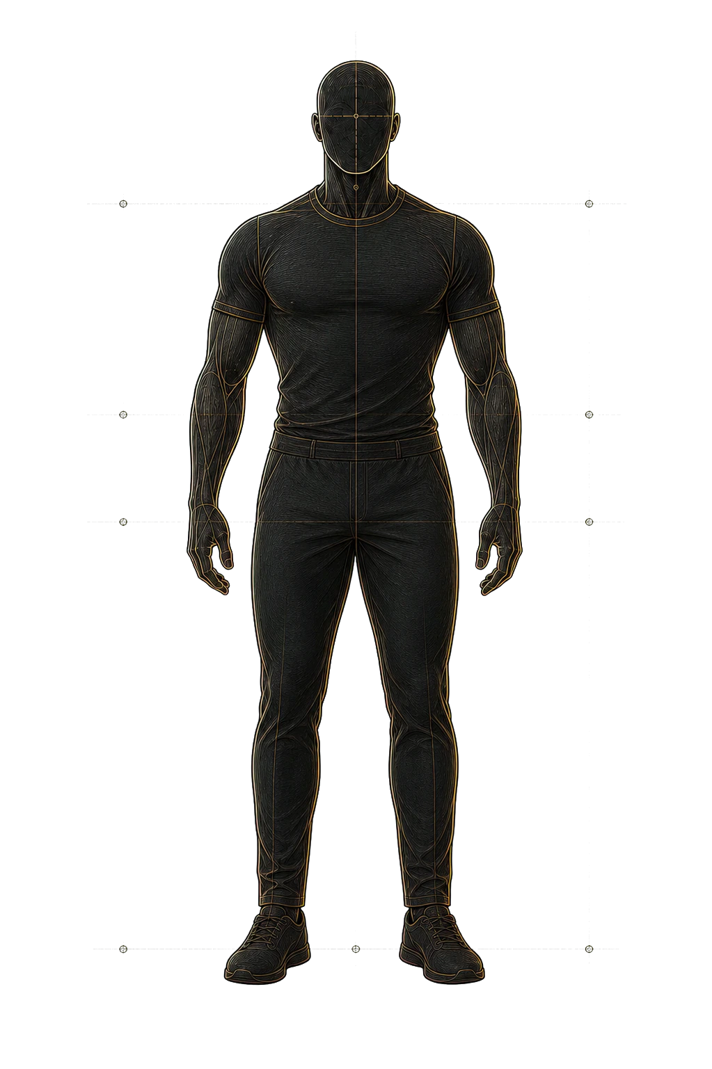 An anatomical study of a full frame with a controlled waist.