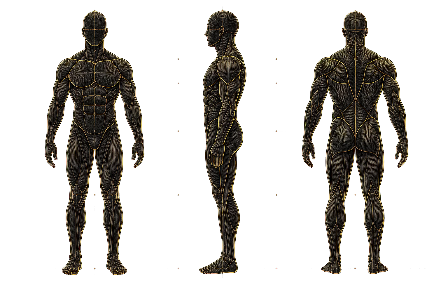 A structural assessment study showing the same male figure from the front, side and rear.